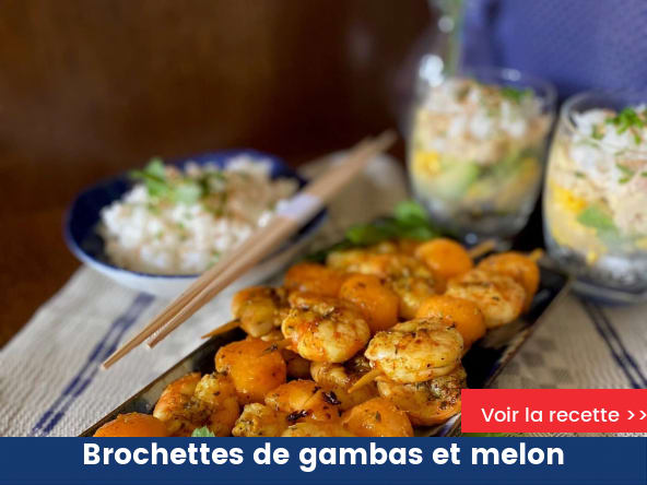 Brochettes de gambas et melon